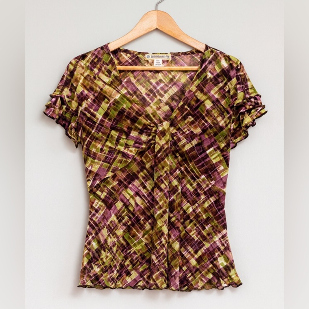 Y2K Vintage Susie Green Purple Watercolor Ruffle VNeck Blouse sz 8 90's Clueless